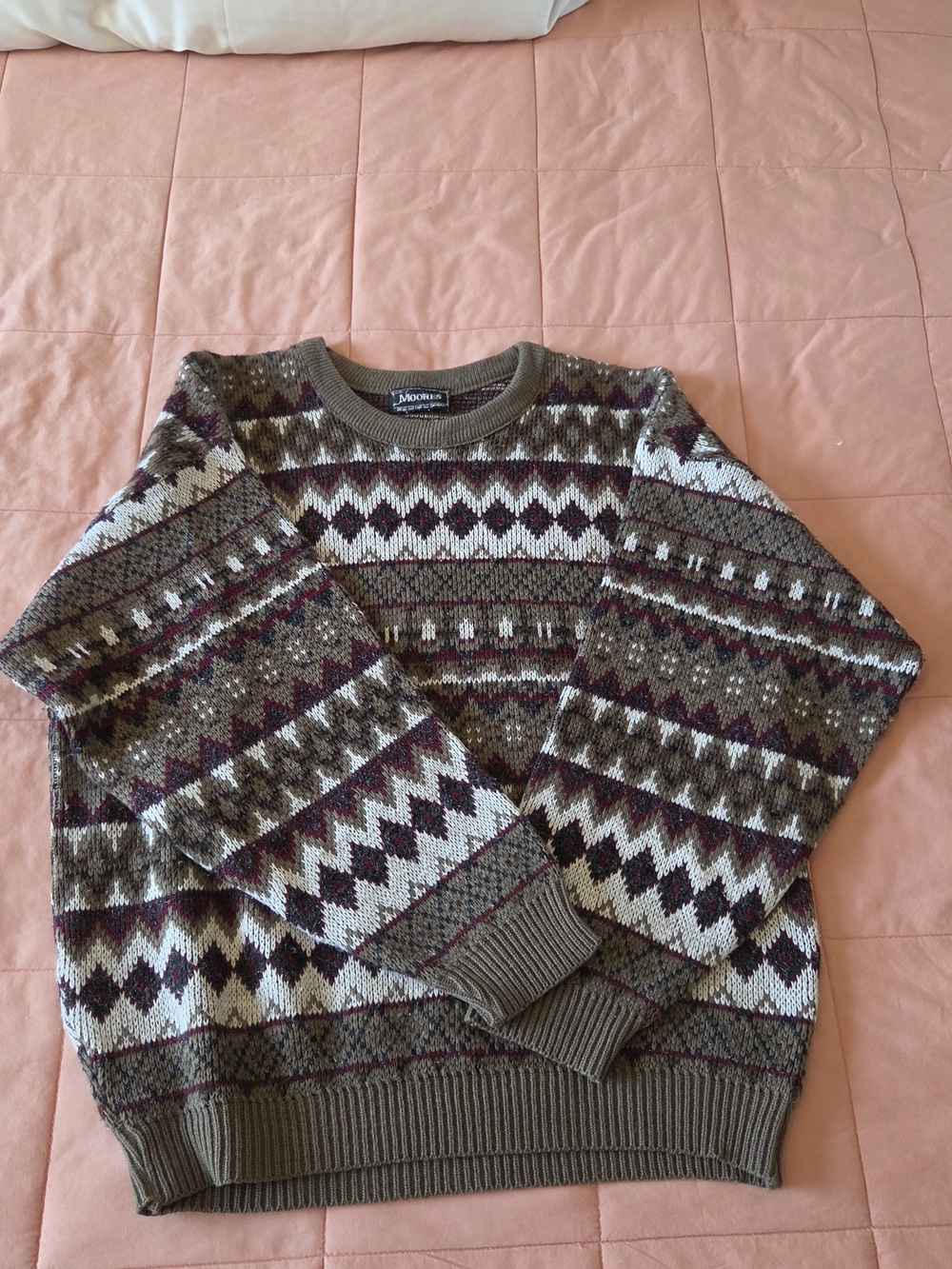 Men's Fair Isle Crewneck Sweater in Olive and Cream by Moomin